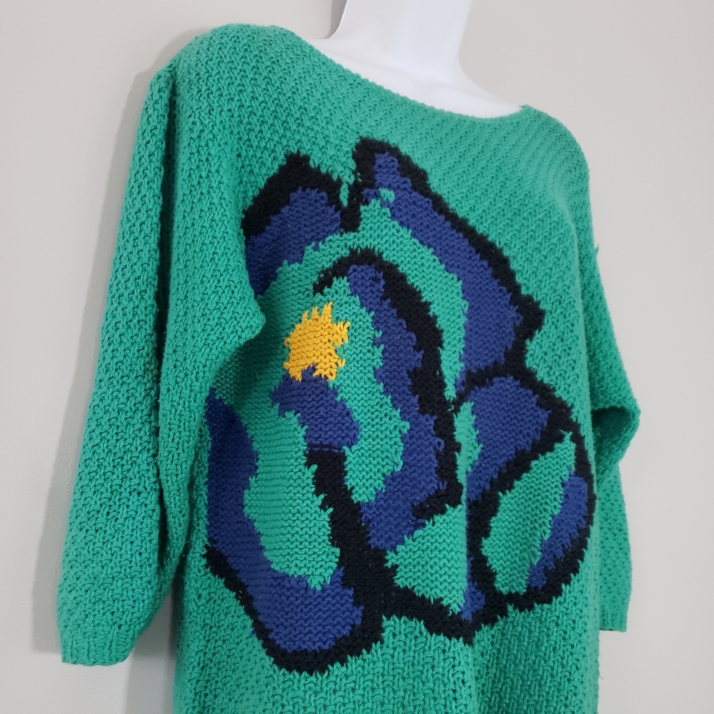 Lloyd Williams VTG 80s Green Abstract Floral Chunky Knit Sweater - Picture 4 of 7